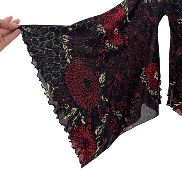 MCM Y2K Vintage Women Black & Red Floral Goth Top SZ XL Bell Asymmetric Sleeve - Picture 11 of 16